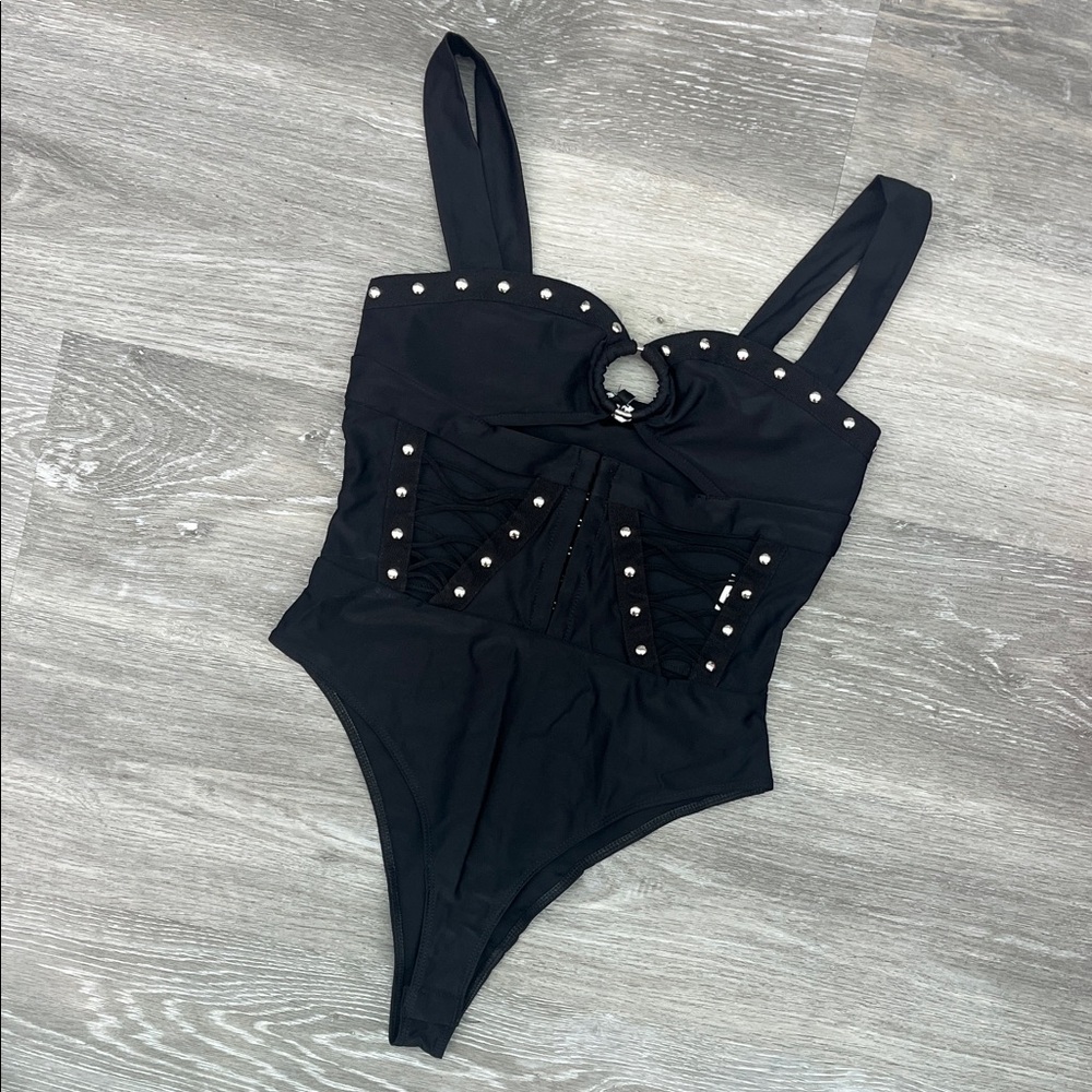 NWT Fashion Nova Small Black Studded Bodysuit Corset Studs